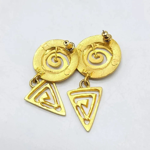 Val Gold Tone Chunky Aztec Style Post Dangle Earrings - Picture 3 of 4